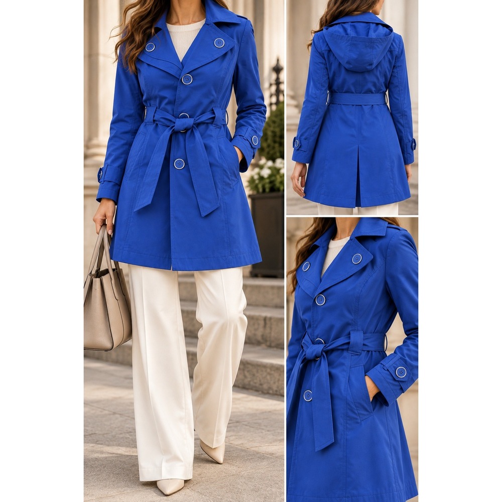 London Fog Women Royal Blue Trench Coat Belted Button Jacket XS Removable Hood